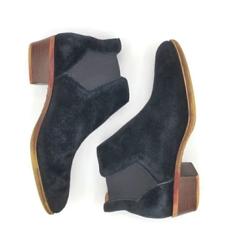 Lucky Brand Bellamy Black Suede Pull-On Almond-Toe Low Block Heel Ankle Boots